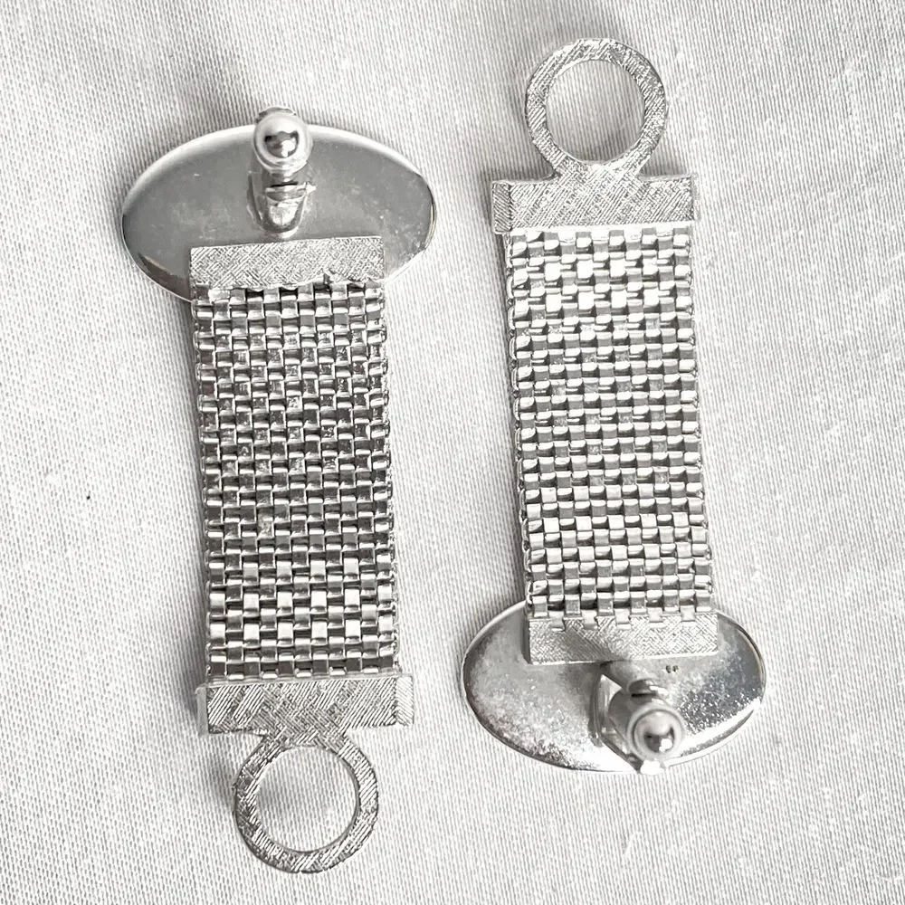 💎Silver Tone Mesh Wrap Oval Etched Cufflinks Men’s Vintage Designer
